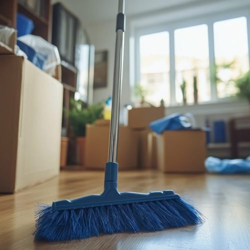 New home move-in, cardboard boxes and cleaning equipment, scattered supplies in an empty room.