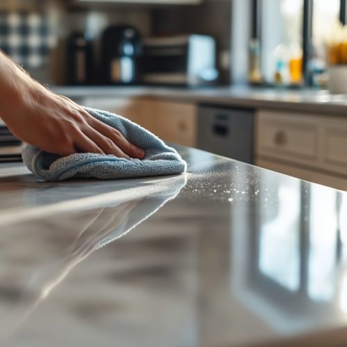 A hand is seen wiping a polished kitchen countertop with a cloth, reflecting the sunlight streaming in, highlighting the cleanliness and order of the kitchen space.